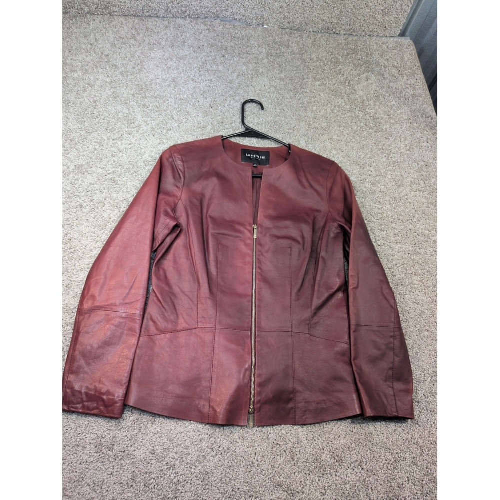 Lafayette 148 New York Women Burgundy Nappa Leather Collarless Zip Jacket Size 4